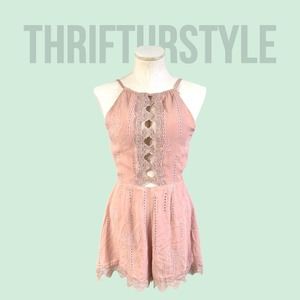 Blush Pink Lace Trim‎ Romper Open Back Tie Spaghetti Strap Cute Casual